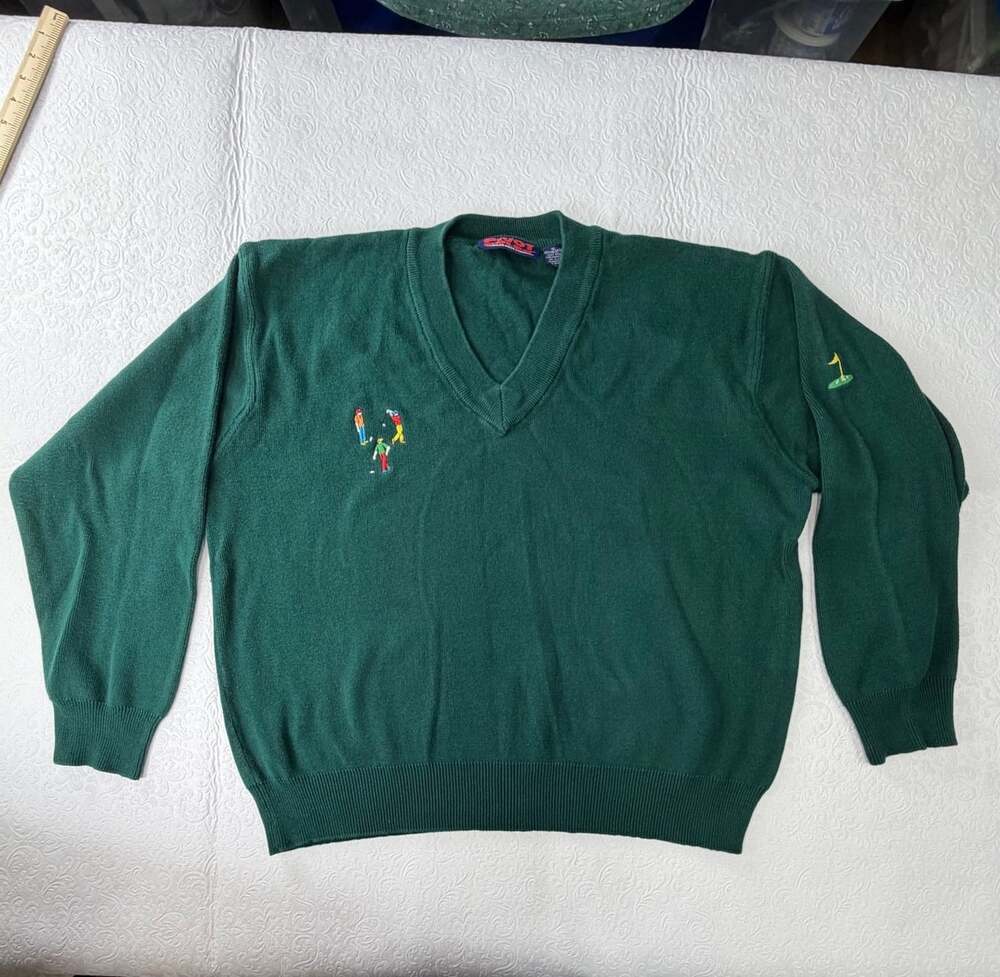 Pivot Rules Men's XL Green V-Neck 100% Cotton Knit Pullover Golf Sweater vintage